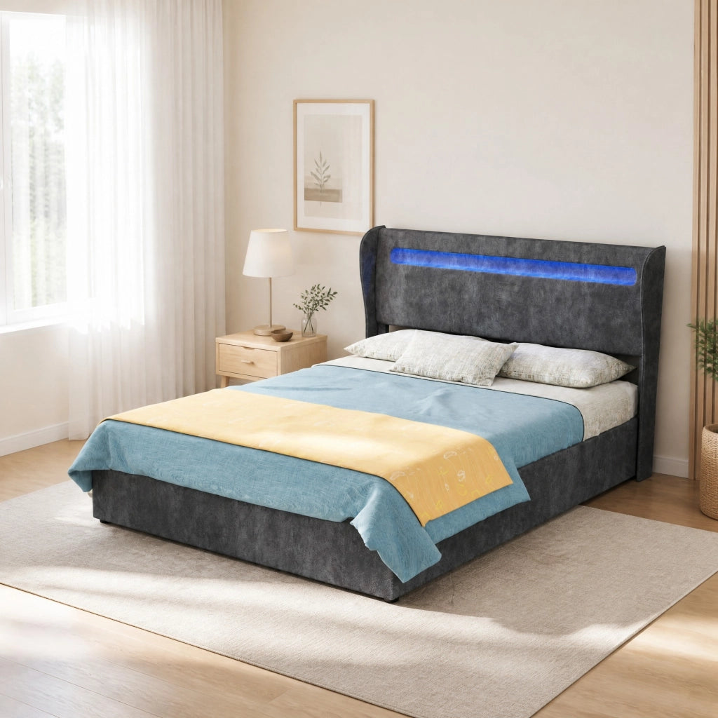 Letto matrimoniale 140x200 cm con testiera regolabile e illuminazione LED; grigio