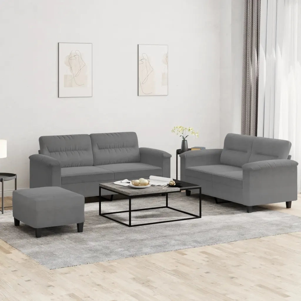 Set Divani 3 pz con Cuscini Grigio Scuro in Tessuto Microfibra