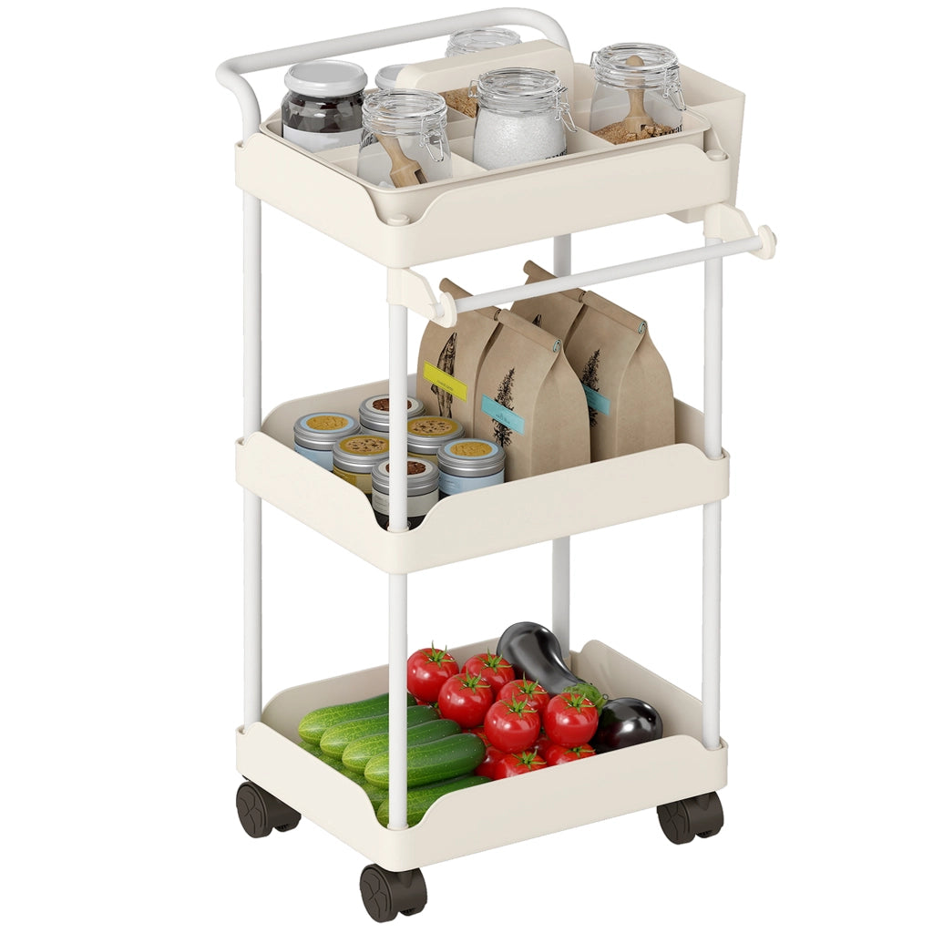 Carrello con 3 Cestini, Porta Asciugamani e Ruote ¨C Zephmum ¨C Bianco, Metallo