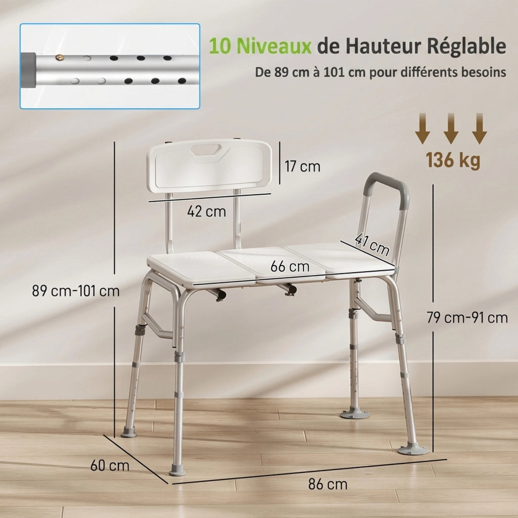 Banc de Transfert Baignoire, Hauteur Réglable à 10 Niveaux, Blanc