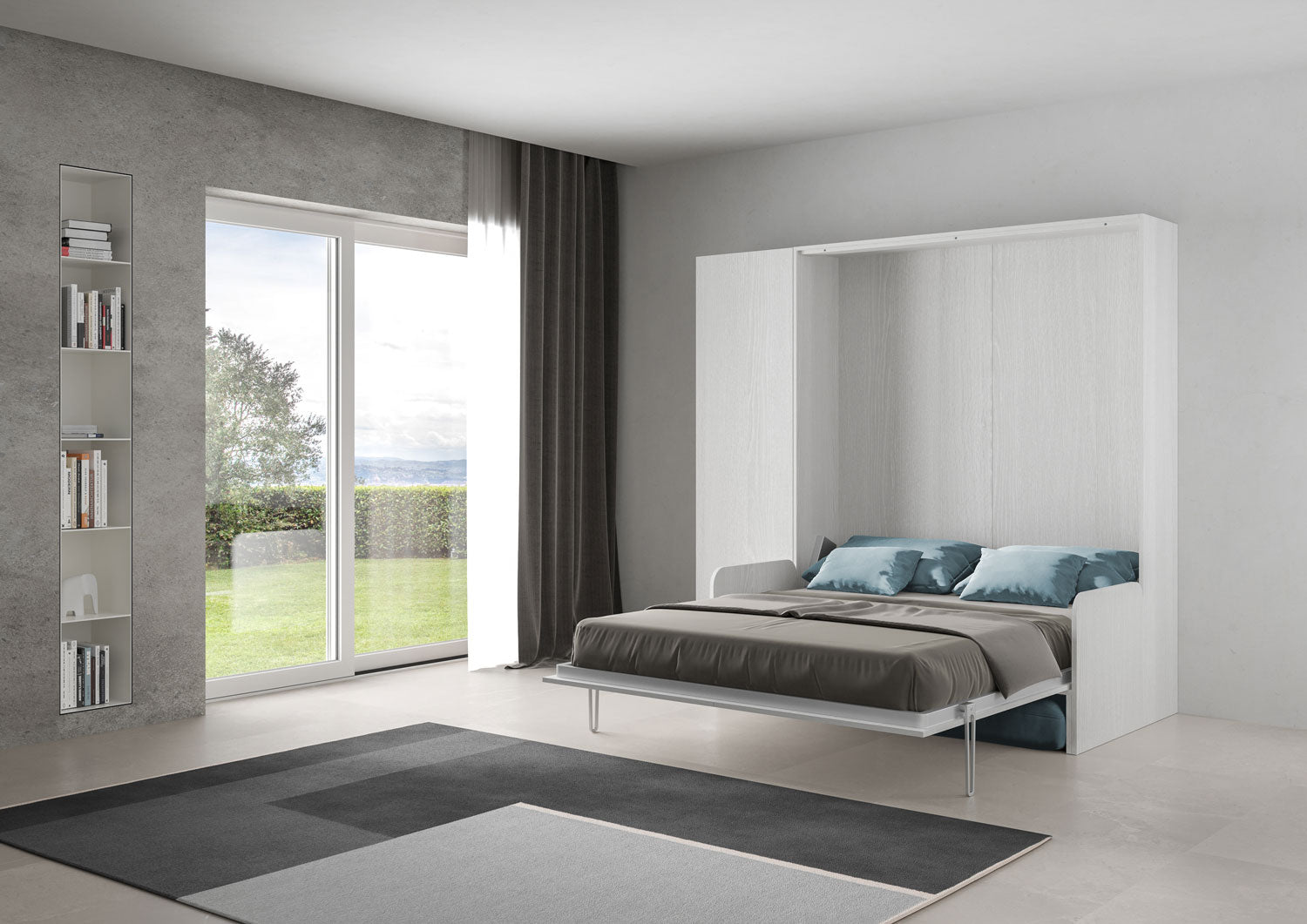 Letto Matrimoniale A Scomparsa 160 Kentaro Con Divano E Colonna Bianco Frassino e Azzurro