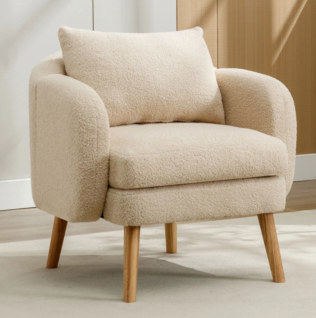 Poltrona imbottita in tessuto Teddy beige con cuscino schienale; 71x72x71 cm