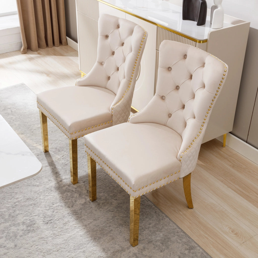 Sedia da pranzo in velluto beige con gambe dorate