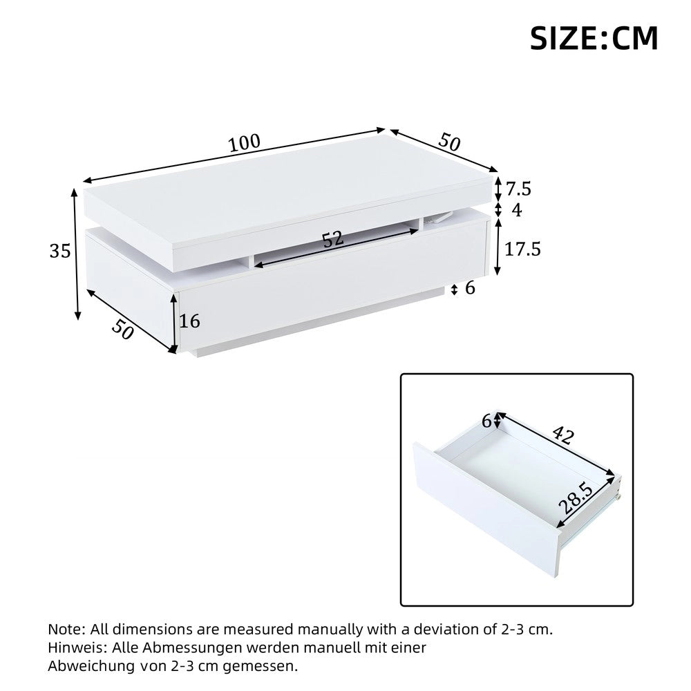 Tavolino da Caff¨¨ con 2 Cassetti e LED ¨C MINIMAL ¨C Bianco Lucido 100x50x35