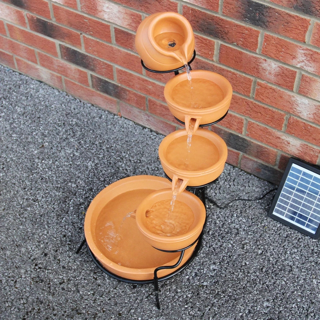 Fontana Solare a Cascata da Giardino con Batteria di Supporto da 6 Ore Fontanella con Pannello Solare e Picchetto Fontanella a Vasi Fontana con Ciotole - Terracotta
