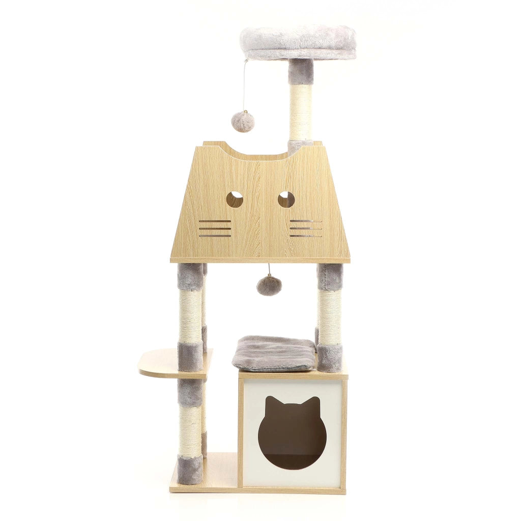 Fudajo Albero tiragraffi Legno grigio 126cm Con casetta per gatti, nicchia, colonne in sisal, cuccia