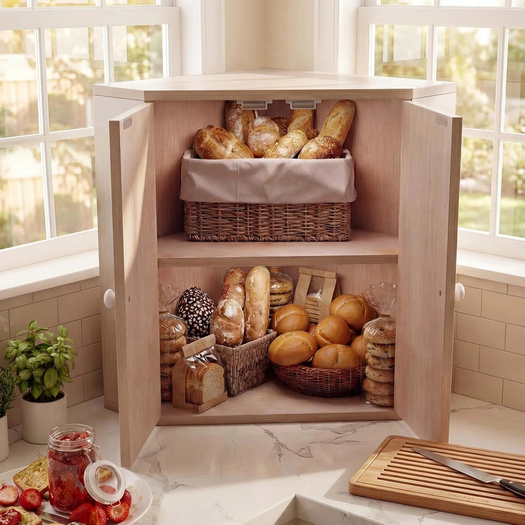 Scatola Porta Pane Angolare, Organizzatore per Pane a Doppio Strato in Bamboo con Ripiano Regolabile, Contenitore Porta Pane Capiente per Bancone Cucina, 31x31x41 cm
