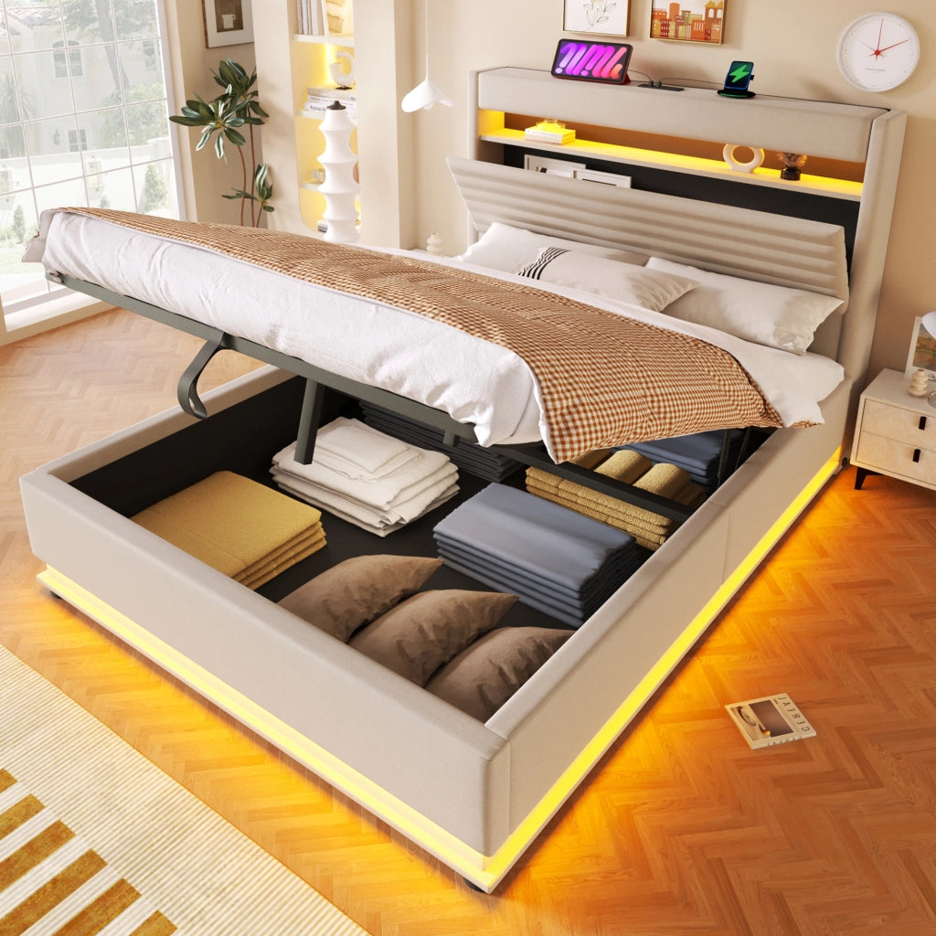 Letto imbottito 140x200 cm con LED, USB/Type-C e contenitore