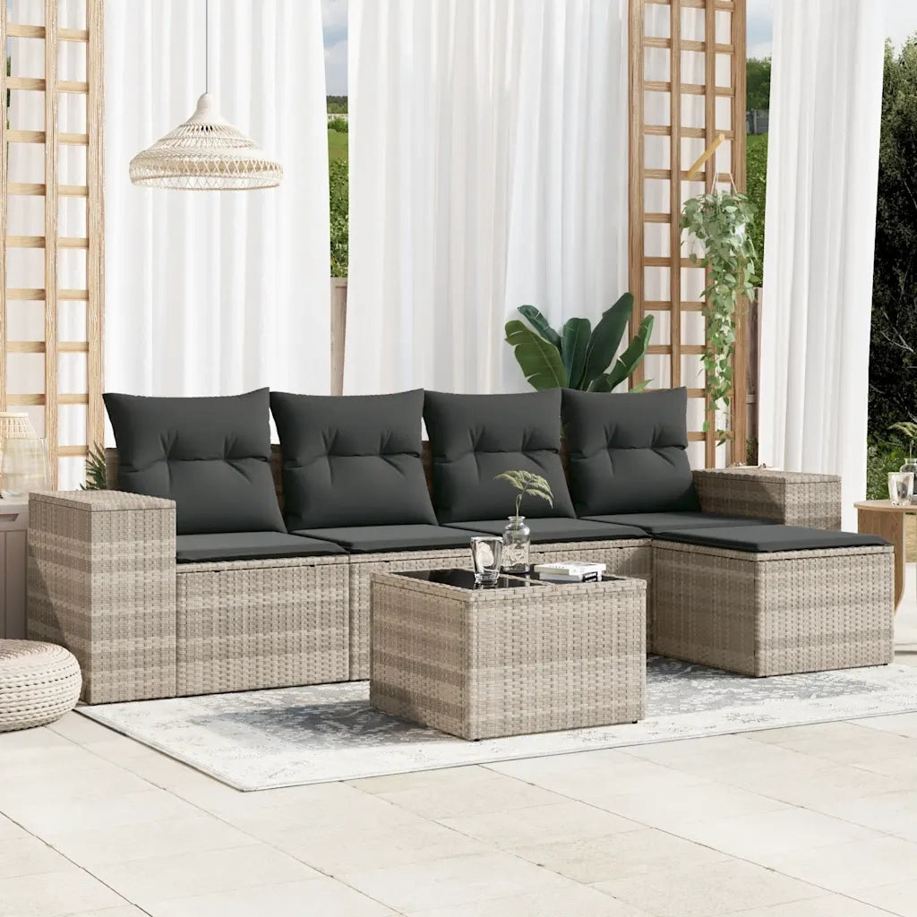 Set Divano da Giardino 6pz | Set Salotto da Giardino con Cuscini Grigio Chiaro Polyrattan