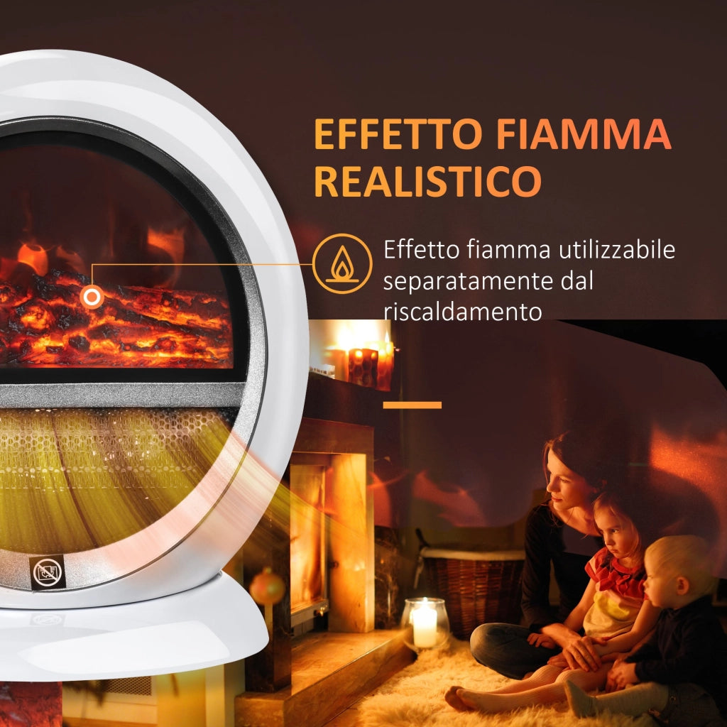 EasyComfort Camino Elettrico con Effetto Fiamma Ruotabile e Portatile, Caminetto Elettrico 1500W con Protezione da Surriscaldamento e Antiribaltamento, Copertura 10-15m², 30.5x18x35cm, Bianco