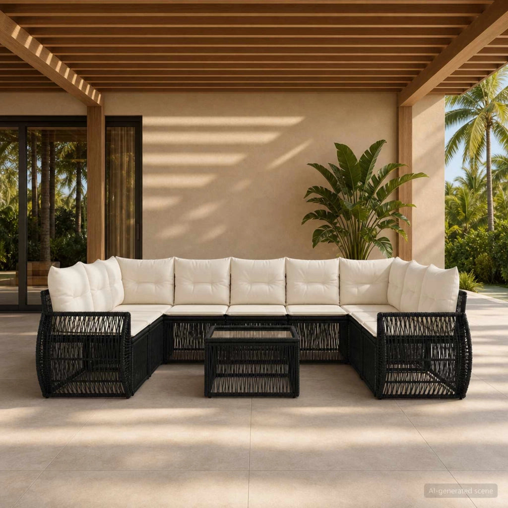 Set Divano da Giardino 10 pz Nero e Bianco Crema polyrattan 3435523
