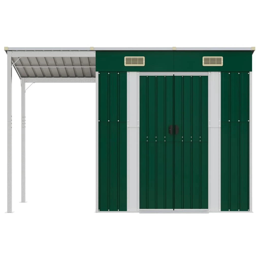 Casetta da giardino cabina ripostiglio casetta da esterno robusta casetta per attrezzi con tetto estensibile 277 x 110,5 x 181 cm acciaio verde 02_0022221