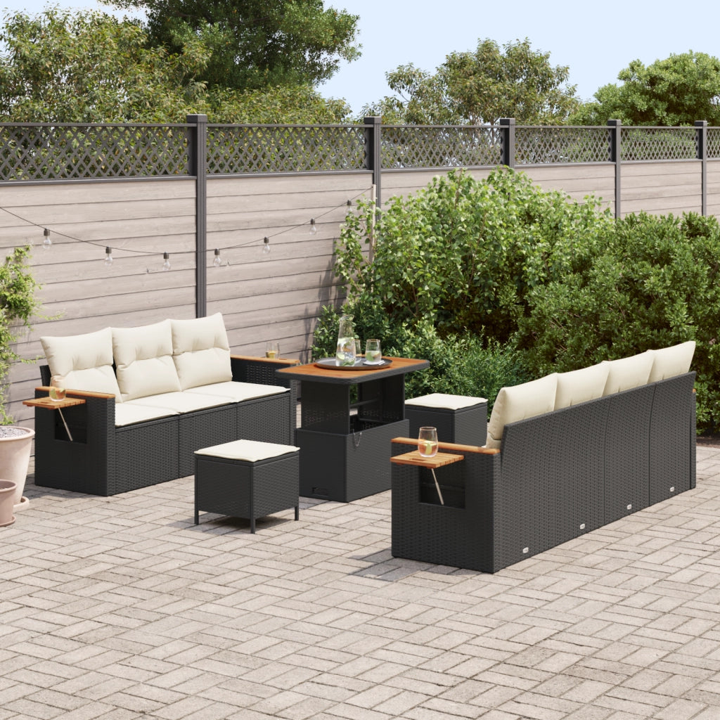 Set di divani da giardino con cuscini  da 10 pezzi in polyrattan nero acacia