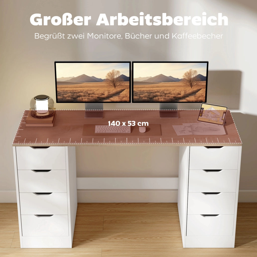 Scrivania 140 cm con 8 cassetti ¨C Xylo ¨C legno e metallo bianco per ufficio e camera