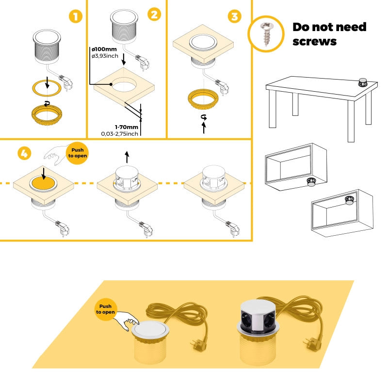 Multiconnettore Vertikal Push diametro 100mm, 3 spine di tipo Schuko, 1 USB tipo A, 1 USB tipo C, Acciaio e Tecnoplast..