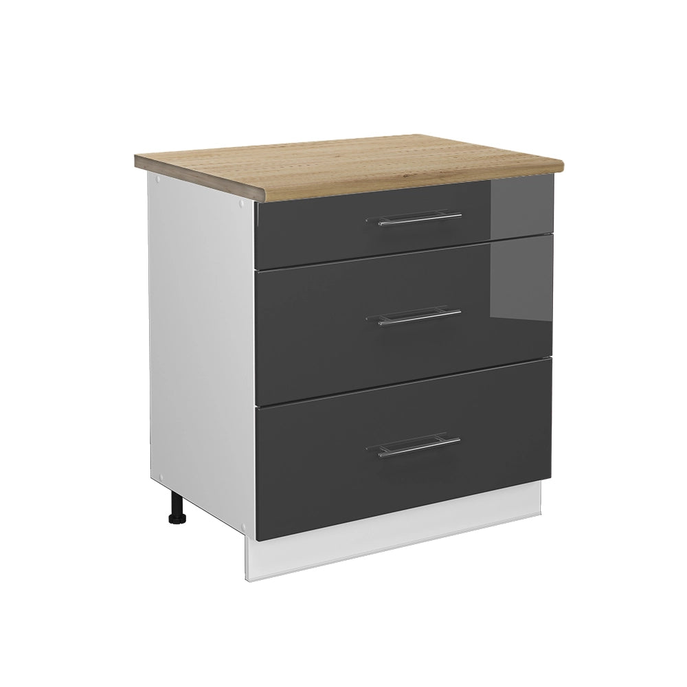 Mobiletto base per cucina Fame-Line Antracite lucido/Bianco 80 cm con 3 cassetti, PL Rovere Vicco