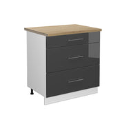 Mobiletto base per cucina Fame-Line Antracite lucido/Bianco 80 cm con 3 cassetti, PL Rovere Vicco