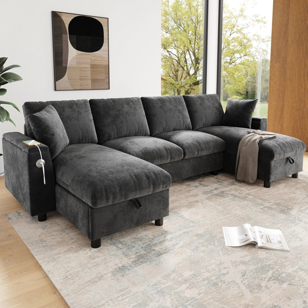 Divano a U, tessuto chenille, chaise longue, con vano portaoggetti, porte USB/Type-C, 284 x 135 x 84 cm, grigio