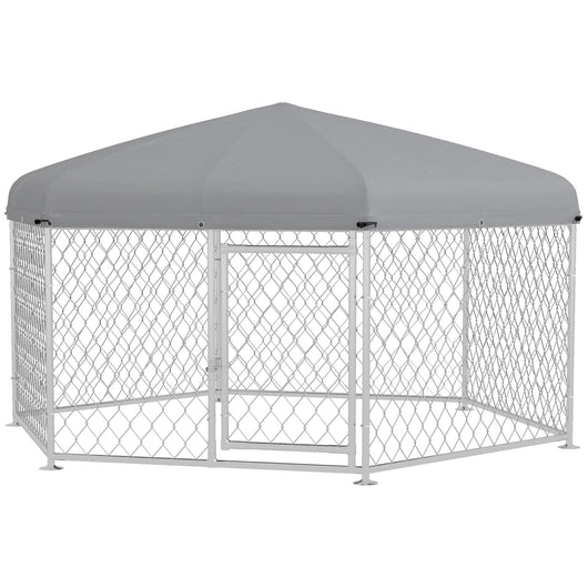 Recinto per Cani Taglia Grande 2,1x1,85x1,5m Tetto in Tessuto Oxford Anti UV Argento e Grigio