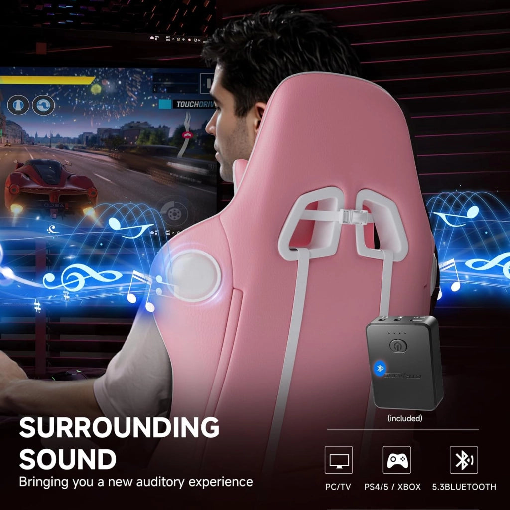 Sedia da gioco con poggiapiedi, altoparlante Bluetooth, sedia da gioco, ergonomica, sedia da ufficio, sedia da scrivania con barrières Réglables, 200 kg, rosa