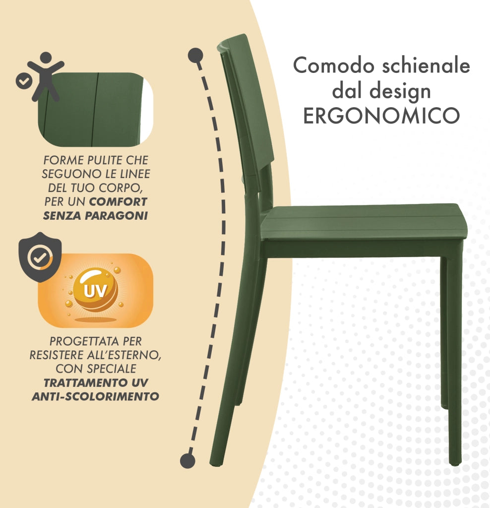 Set 4 Sedie In Polipropilene e Fibra Di Vetro Sedia Cucina Trattamento Uv Antiscolorimento Giardino Interno Esterno Moderne Robuste Resistenti Seduta Terrazzo Soggiorno Bar Ristorante Impilabili Livia-Verde