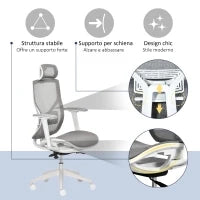 Sedia Ergonomica da Ufficio con Poggiatesta, Inclinazione e Altezza Regolabile, Poltrona Girevole Basculante con Ruote e Schiena in Rete, 67x65x120-128cm, Grigio