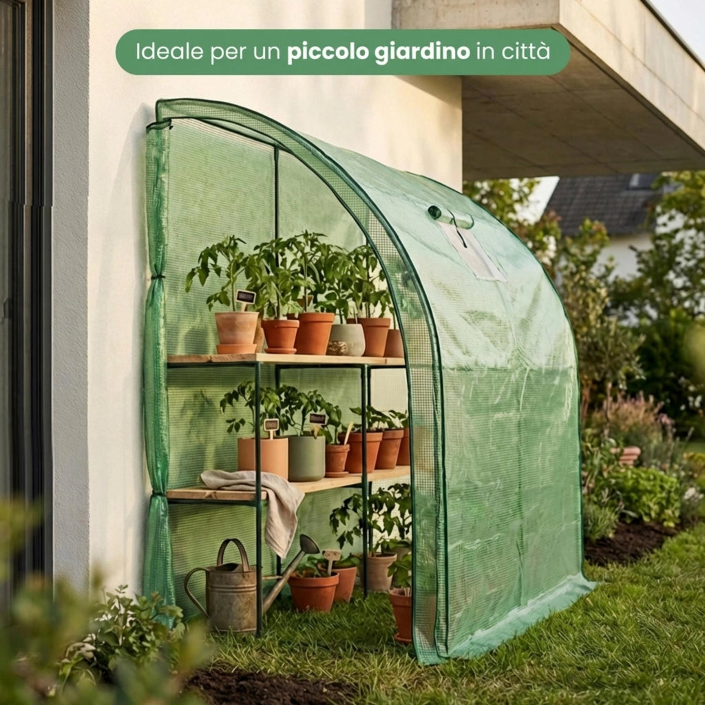 Serra da giardino addossata con struttura in metallo e telo in PE 1 porta 1 finestra Verde 100x200x210 cm