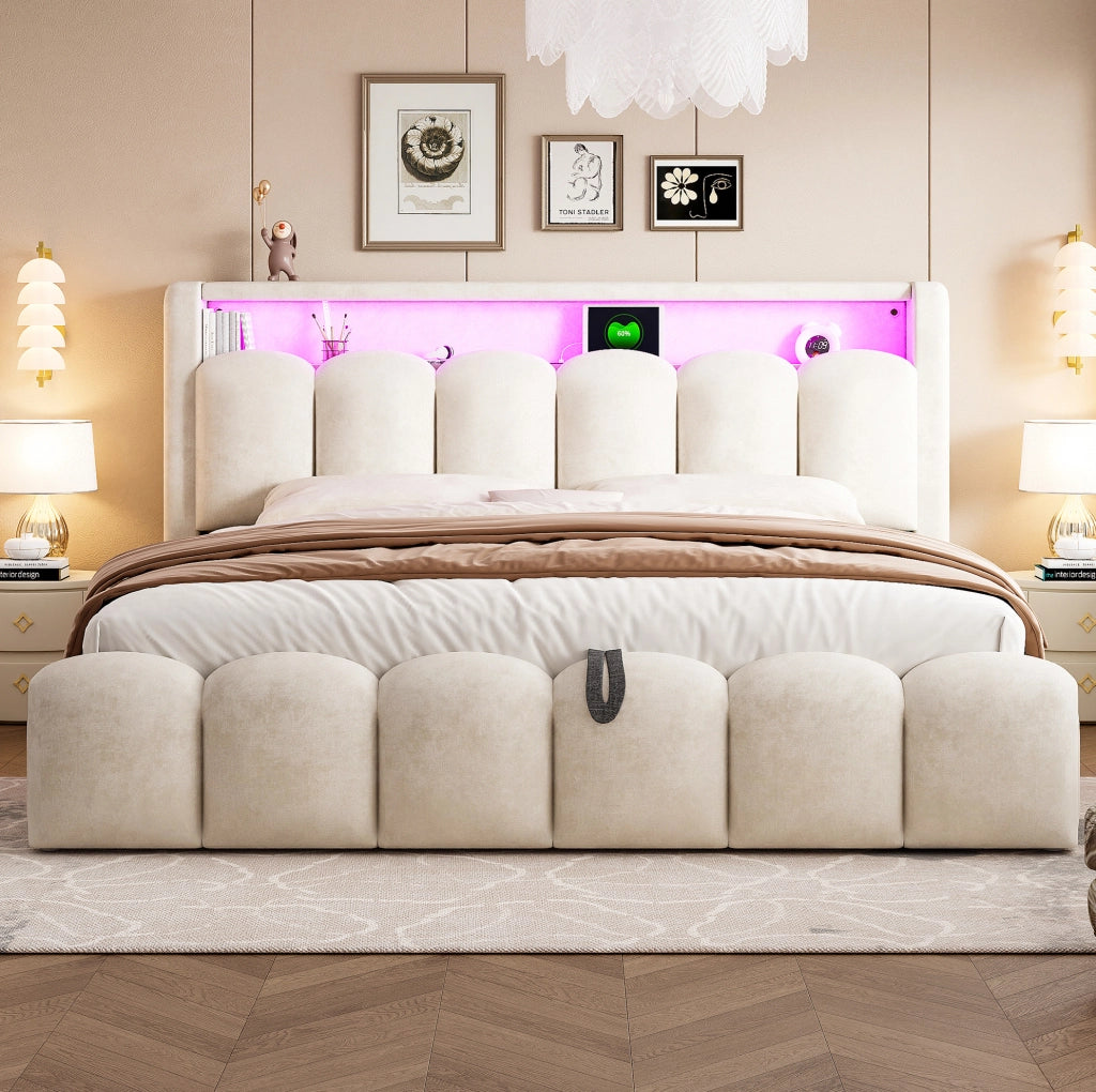 Letto imbottito 180x200 cm con contenitore; LED e USB in velluto beige