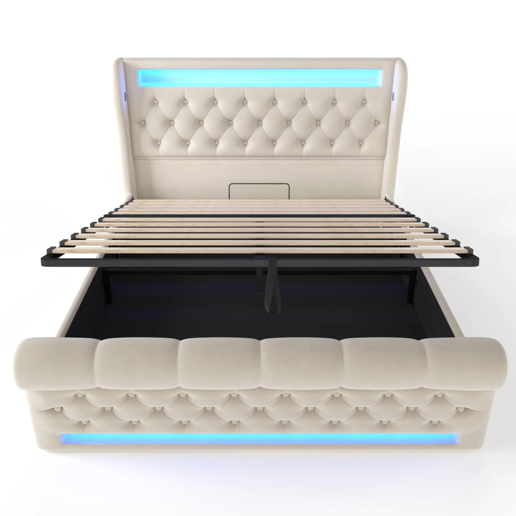 Letto matrimoniale 140x200 cm in velluto con LED, USB e Type-C, contenitore idraulico, beige