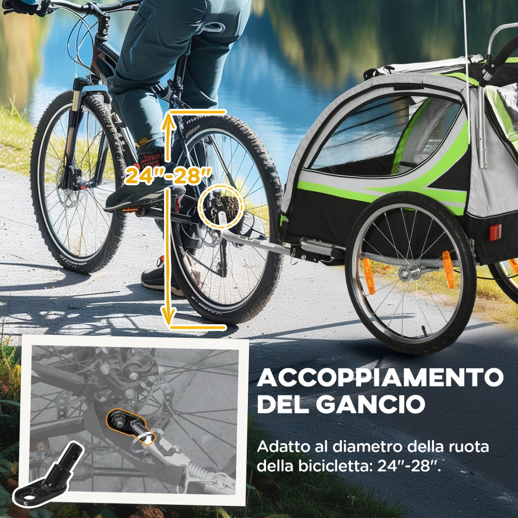 Rimorchio Bici per Bambini e Passeggino 2 in 1 con Cintura Tasche e Bandierina Verde