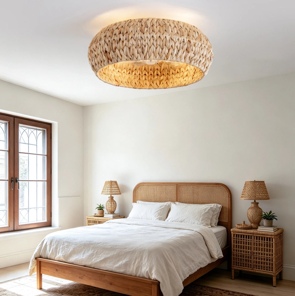 Ventilatore da soffitto 53 cm con luce, in rattan e plastica color rame