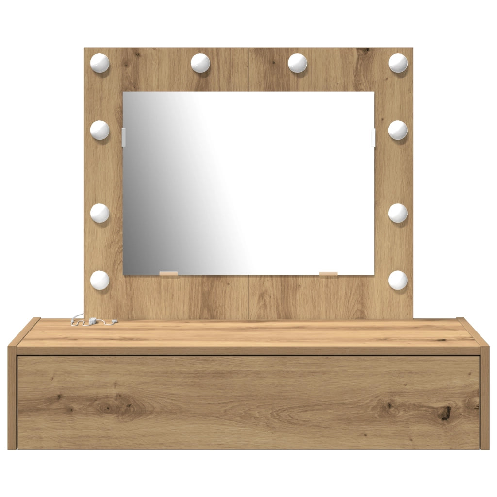 Tavolo trucco montato a parete con luci LED in rovere artigianale