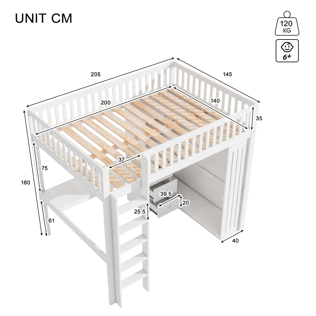 OKWISH Letto a soppalco 140×200 cm, Letto Matrimoniale con Scrivania, Armadio, 3 Cassetti, Vano a Vista e Scala, senza Materasso, Bianco