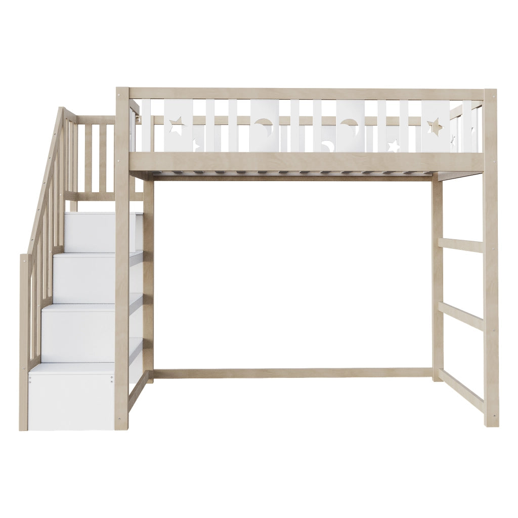 Letto a soppalco 90×200 cm con scala e ripiani; sponde con stelle e luna; senza materasso; legno; bianco