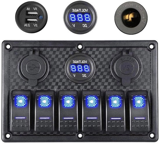 Pannello a 6 vie a schermo digitale con display tensione e prese USB dual 5V - 12V/24V