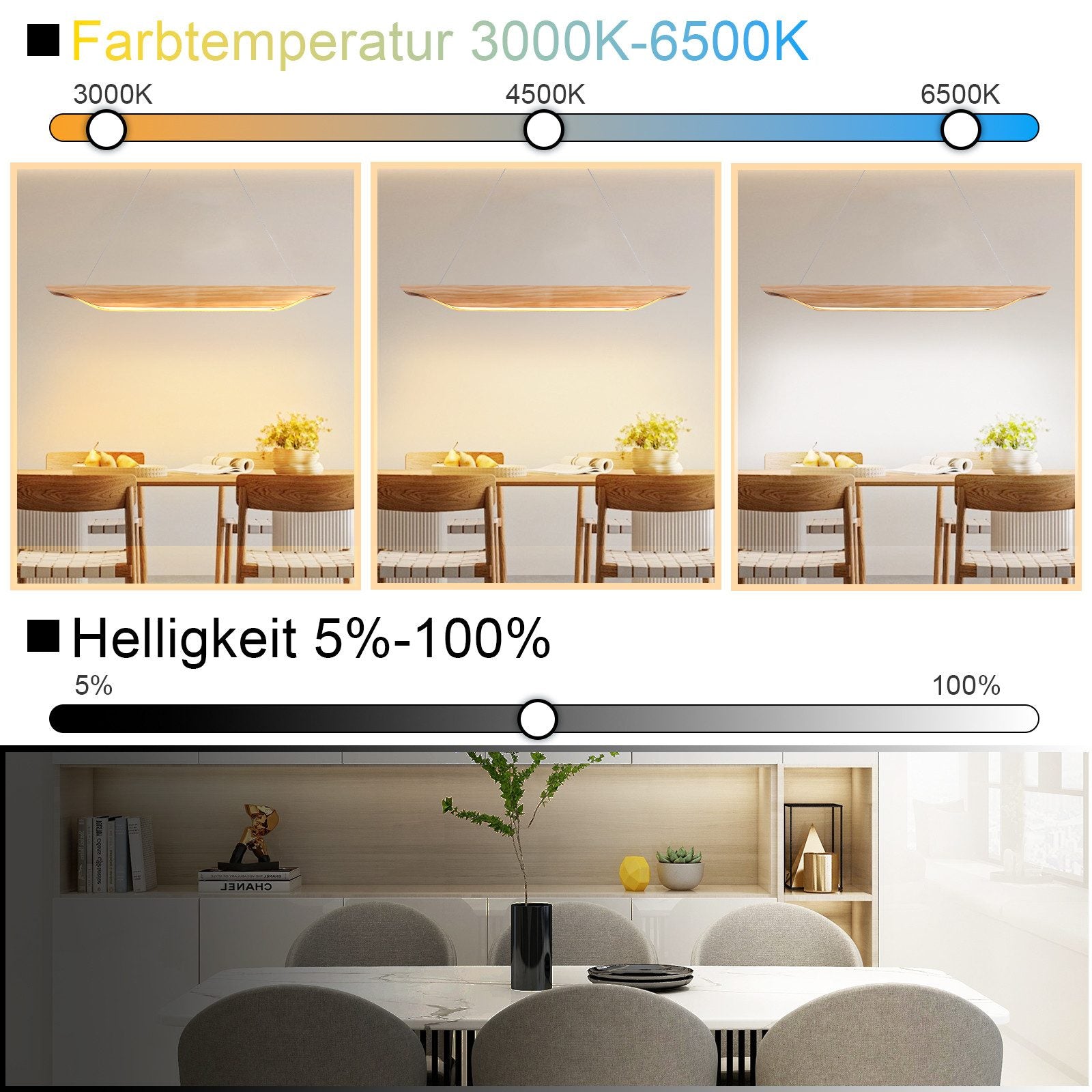 Lampada a sospensione ZMH moderna in legno da 90 cm per sala da pranzo dimmerabile con telecomando