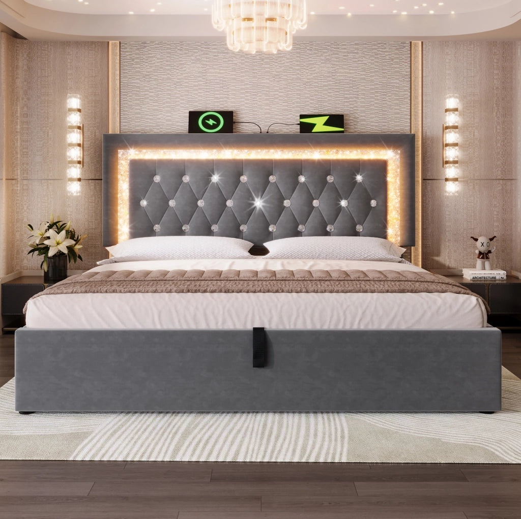 Letto con contenitore 180x200 cm in velluto grigio, LED, USB e USB-C