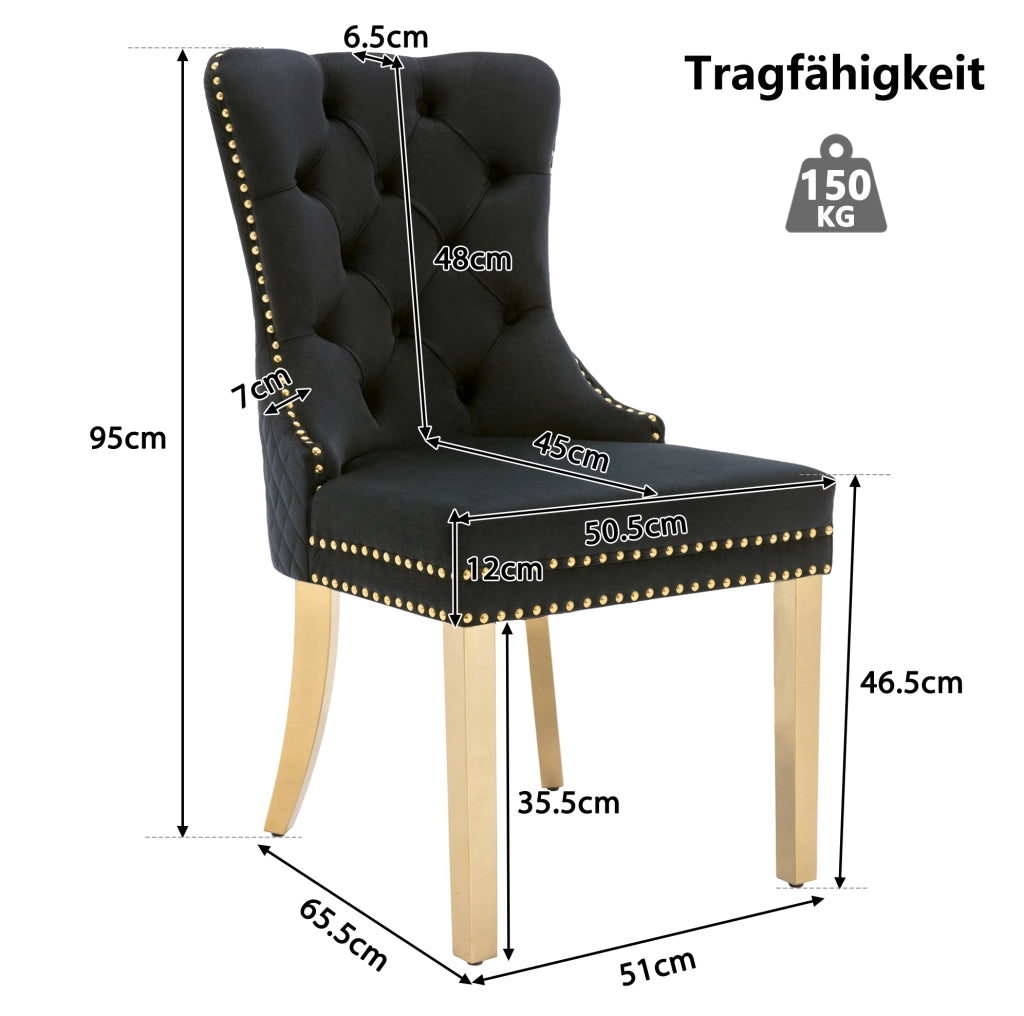 Sedia da pranzo con schienale decorativo e rivetti; 50.5 x 45 x 95 cm; in velluto nero