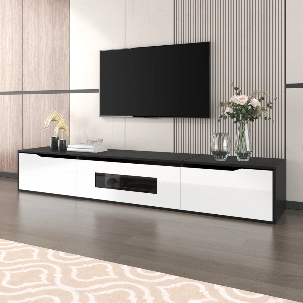 Mobile TV 180 cm lucido nero e bianco con LED; montaggio a parete o a terra