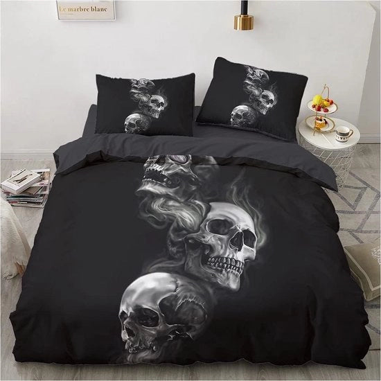Set di lenzuola, 4 pezzi, con chiusura a cerniera, gotico, Halloween, tema di teschio, 2 lenzuola 135 x 200 cm, 2 federe 80 x 80 cm