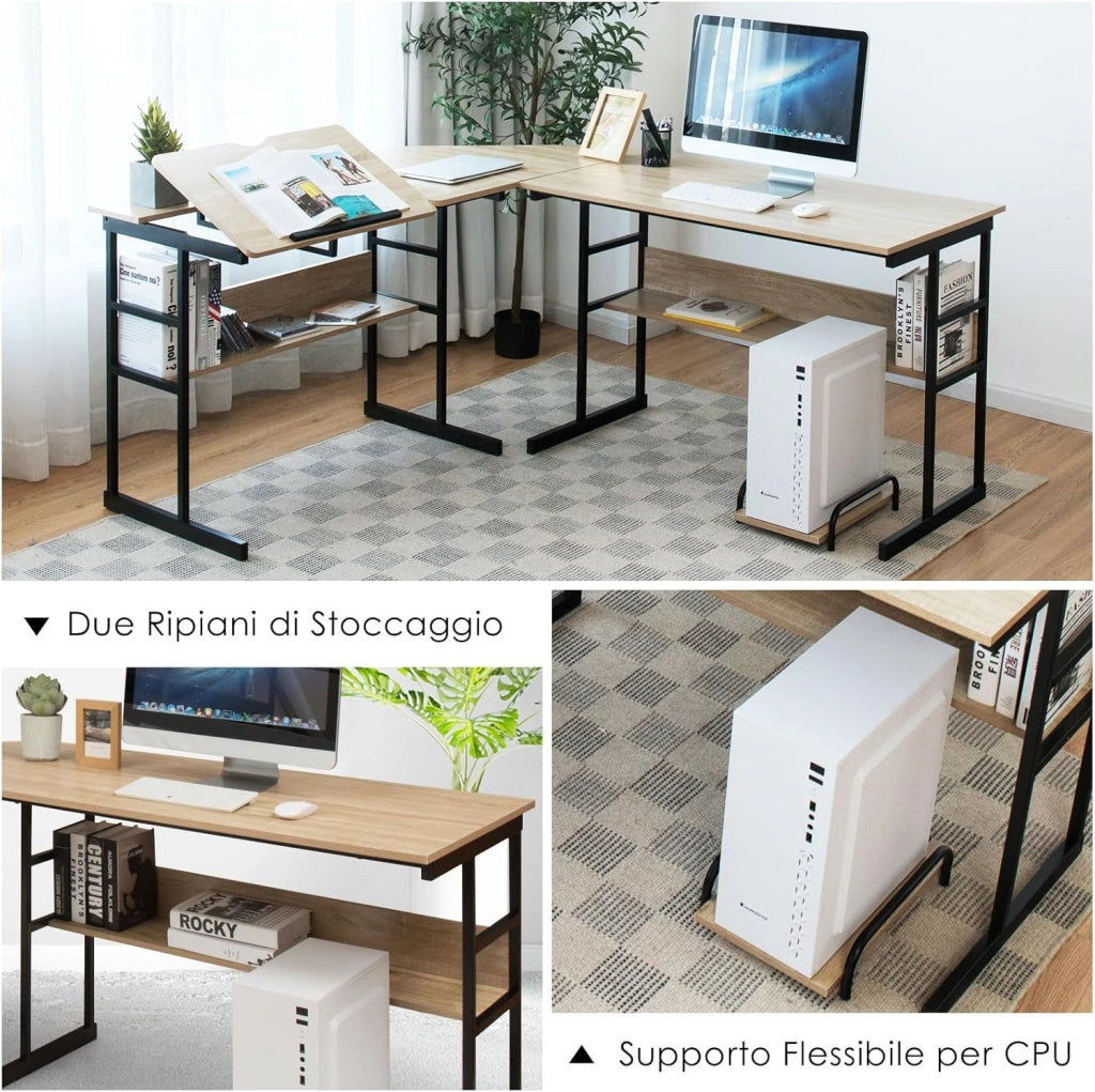 Scrivania Angolare 170 CM, Scrivania ad Angolo per Computer con Piano Inclinabile, Scaffale Inferiore e Supporto per CPU, Scrivania a Forma di L per Ufficio e Studio (Naturale)