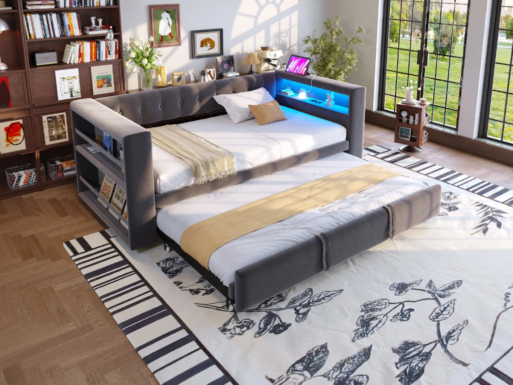 DESMIU Divano letto 90/180 × 190 cm 1 posto con LED, prese e contenitore, senza materasso, grigio scuro