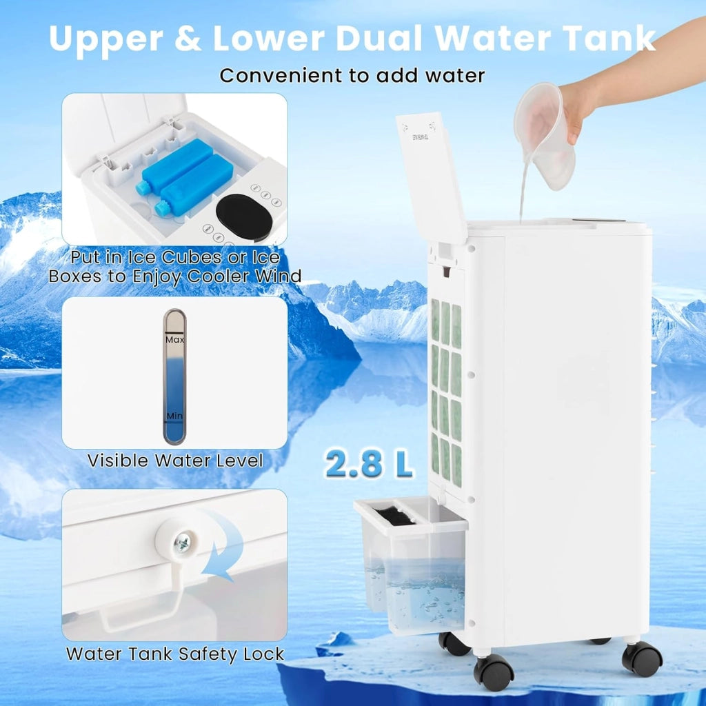 Ventilatore Condizionatore, 3 in 1 Ventilatore & Umidificatore & Raffrescatore, 3 Velocità, 2 Serbatoi d'Acqua, Timer 12H, Telecomando, per Salone, Camera da Letto, Ufficio (Bianco)