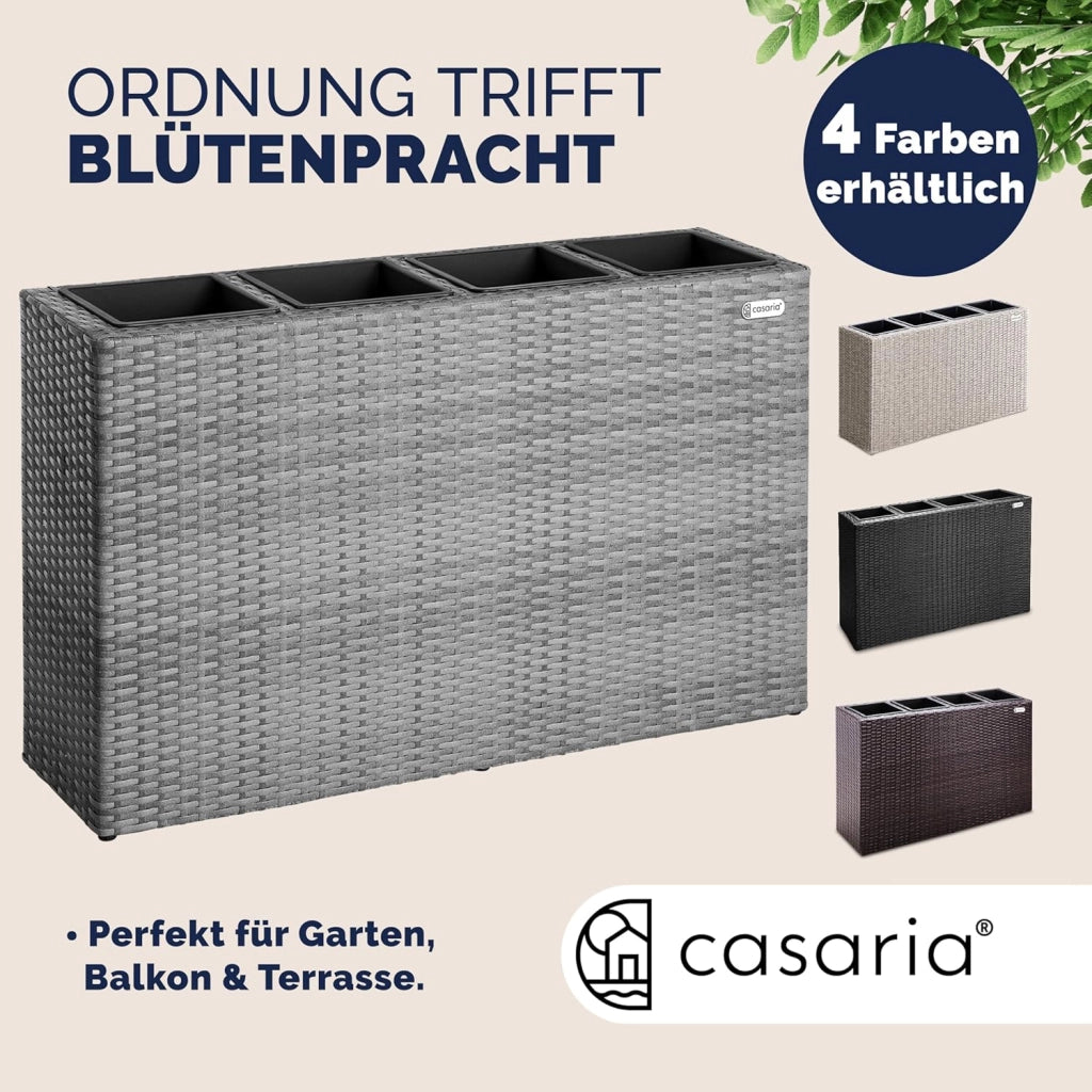 Fioriera Rettangolare 95x27x60 cm con 4 Vasi Interni in Polyrattan con Sistema di Drenaggio Fioriere Porta Vaso da Fiori Piante Divisorio Giardino Balcone Terrazza Grigio