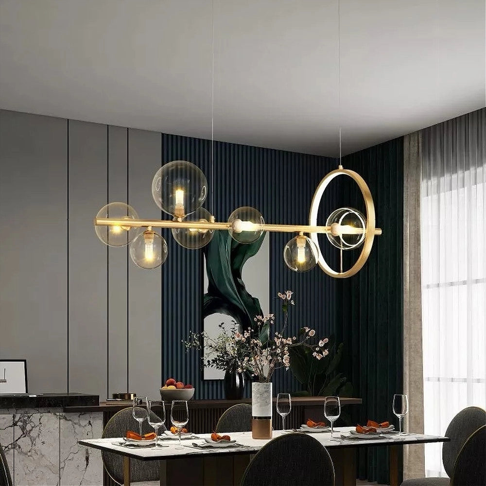 Trade Shop - Lampadario Moderno A Sospensione Oro 7 Sfere G9 Bolle In Vetro Con Cerchio 71683 -