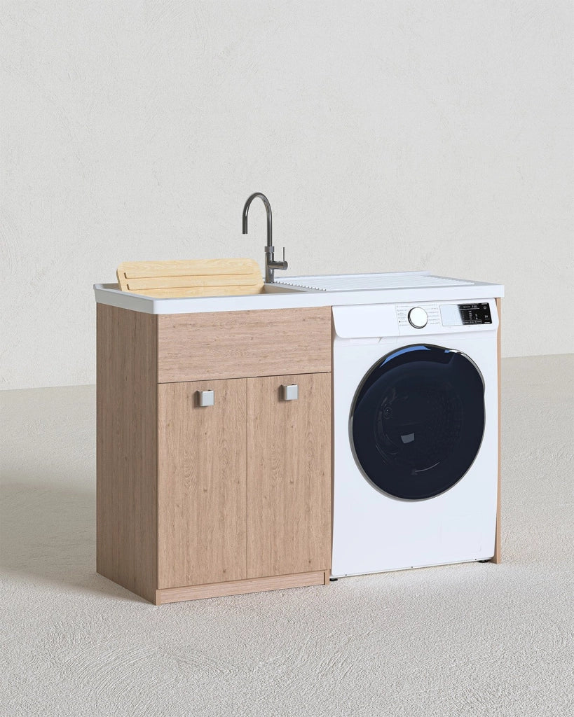 Mobile coprilavatrice Pulsa Dx - Con 2 anta e lavatoio - Contenitore salvaspazio per bagno e lavanderia - Lavatrice non inclusa - Virginia - 124x93x60 cm_