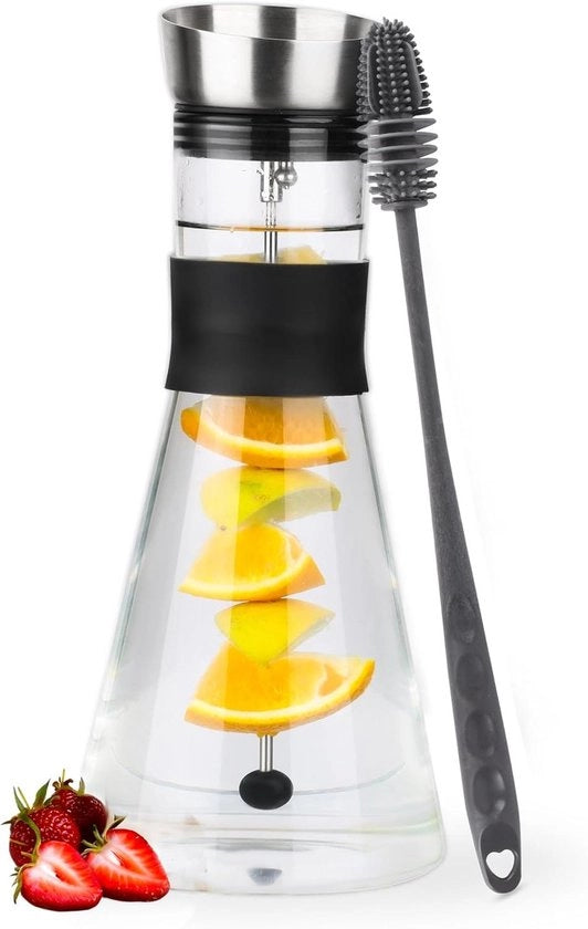 Infusore per frutta - contenitore in vetro da 1,4 L - coperchio in acciaio inox - set di spazzole per pulizia - infusore per acqua - caraffa per acqua - sacchetto per frutta con foro per infusione