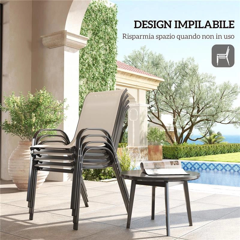 SET 4 SEDIE DA GIARDINO IMPILABILI CON BRACCIOLI CURVI, IN ACCIAIO E TESSUTO TRASPIRANTE, 54X71X93 CM, BEIGE