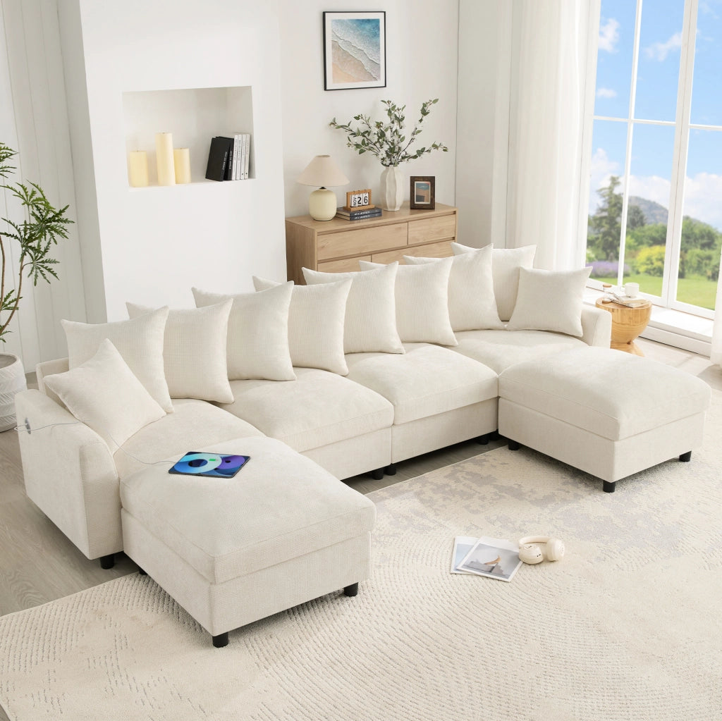 Divano angolare modulare 6 posti beige con USB e Type-C