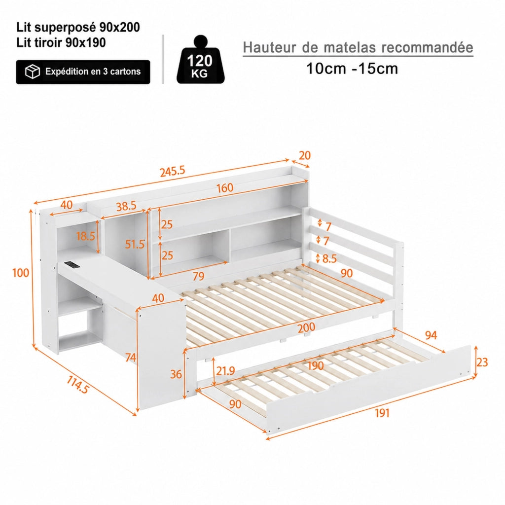 DESMIU Letto combinato 90 × 200 cm 1 posto con scrivania, ripiani, prese USB e Type-C, senza materasso, bianco